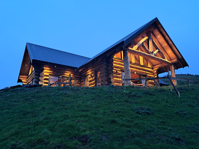 lit up log home